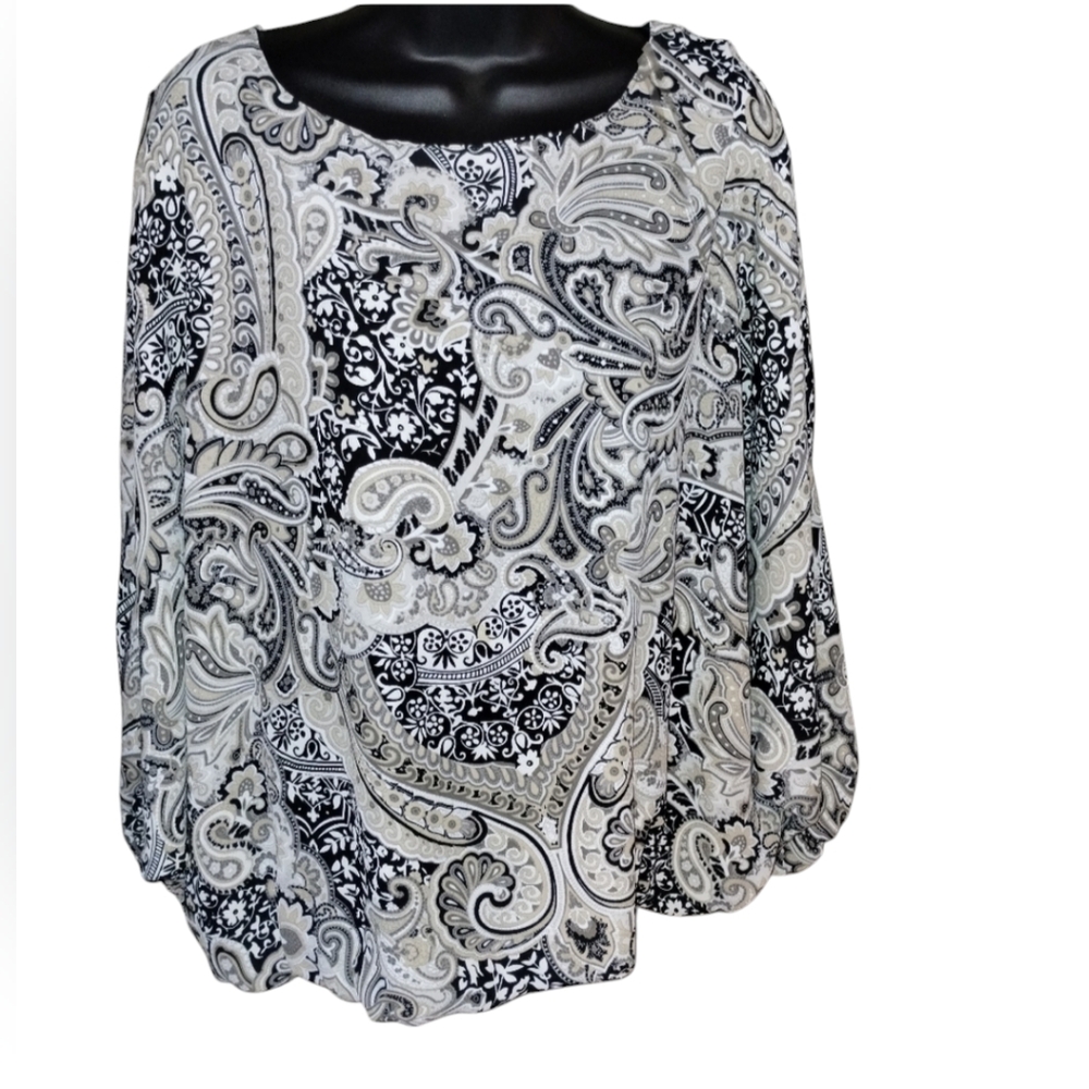 Coco Bianco Paisley Black Taupe Long Sleeve Blouse With Dolman sleeves Size M